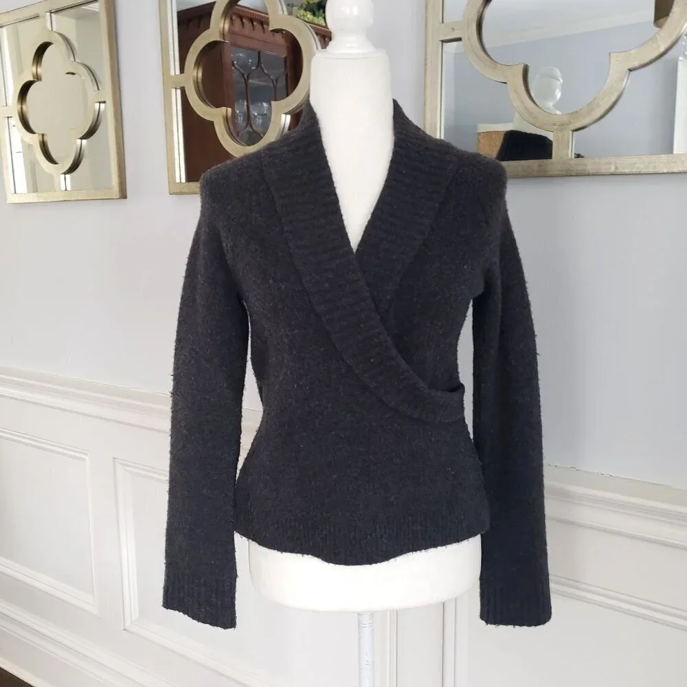 Anthropologie XS Faux Wrap Soft Alpaca Wool Surplice VNeck Collar Grey Sweater